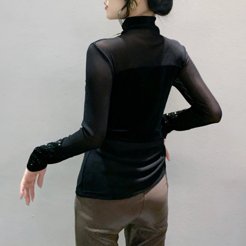 New,European,Clothes,T-Shirt,Chic,Sexy,Turtleneck,Shiny,Diamonds,Patchwork,Mesh,Women,Tops,Long Sleeve,Drilling,Hot,Tees,510023