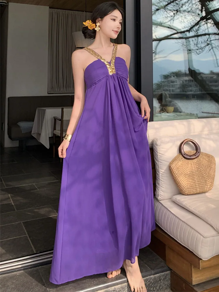 Summer Fashion Sexy Off Shoulder Backless Boho Party Maxi Dress Retro Temperament Purple Chiffon Casual Holiday Beach Long Dress