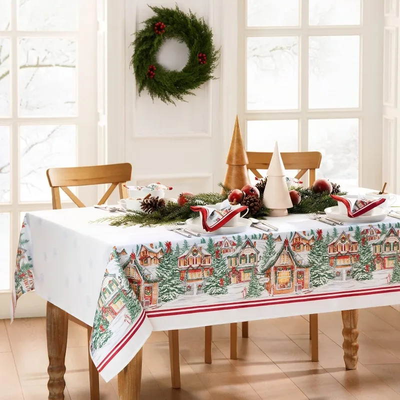 1 Piece Christmas Tablecloth Christmas House Pattern Washable Tablecloth Suitable for New Year Party Dinner Decoration