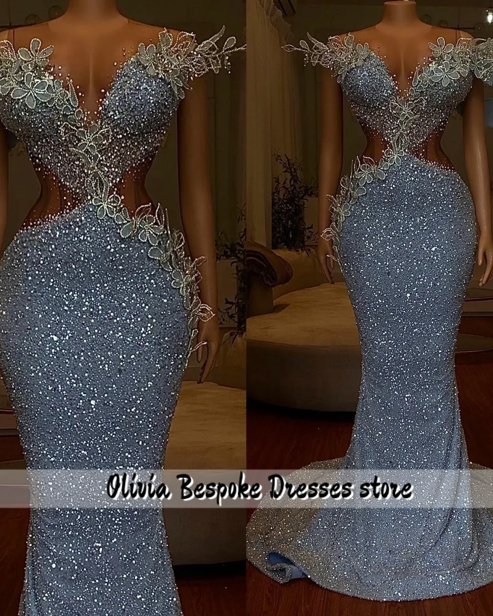 Luxe glanzend blauw uit de schouder avondjurk zeemeermin Aso Ebi Afrikaanse kralen feestjurk luxe jurk vrouw 2025, aangepast