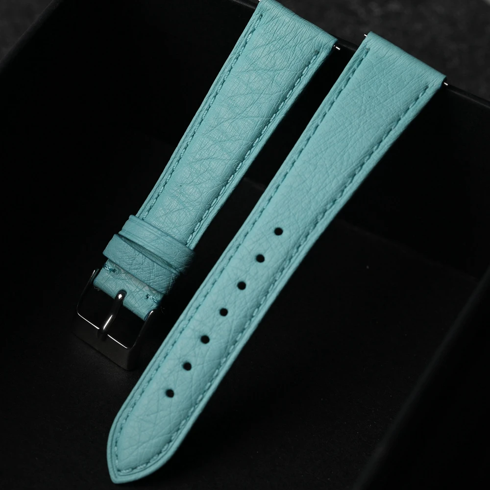 High-End Blue Leather Strap South African Ostrich Leather 20mm 18mm 19mm Ultra-Thin Quick Release Soft Bracelet Glacier Blue.