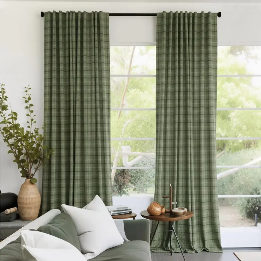 

Зеленые шторы в клетку для гостиной и столовой, полупрозрачные, из льняной смеси, с эффектом рассеивания света, в стиле фермерского дома