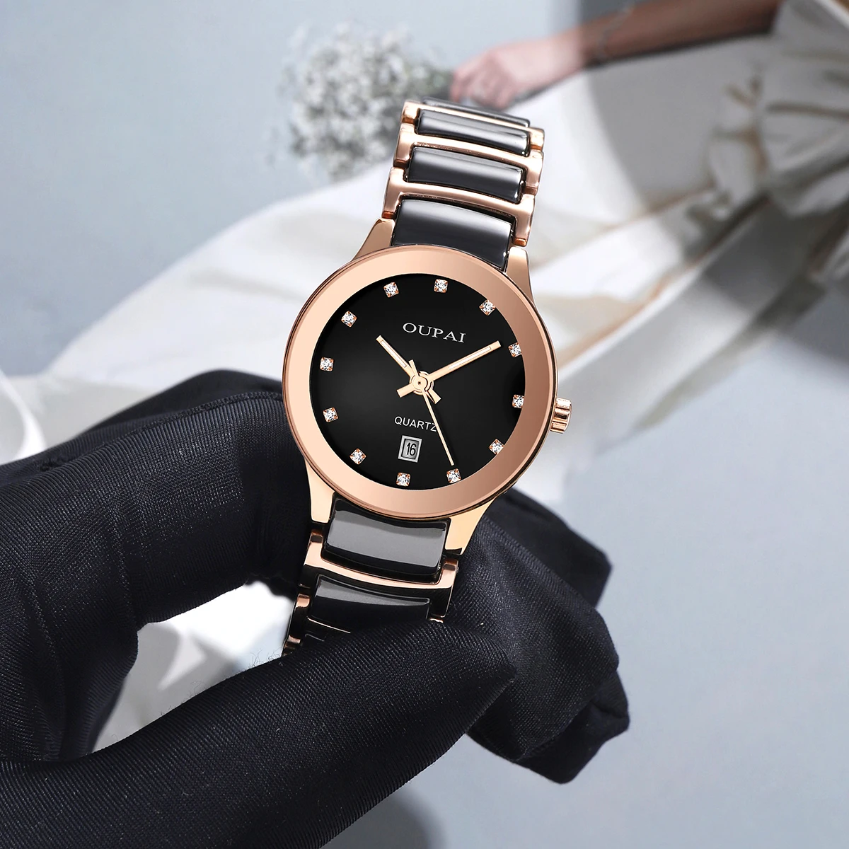 Часы Oupai, женские черные керамические японские кварцевые часы, модный простой календарь со шкалой со стразами