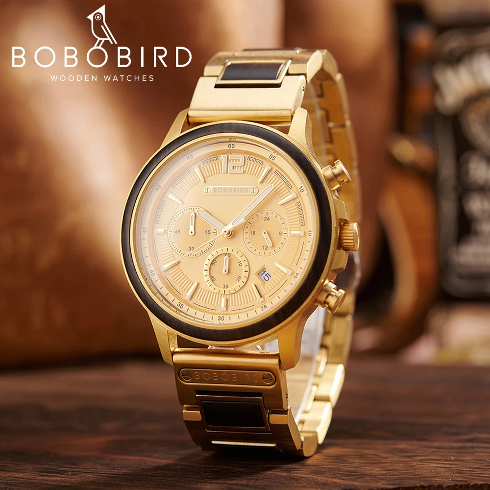 BOBOBIRD Orologio da uomo color dorato Movimento al quarzo giapponese Cinturino in legno di ebano e cassa in acciaio inossidabile Logo personalizzato Marchio o nome