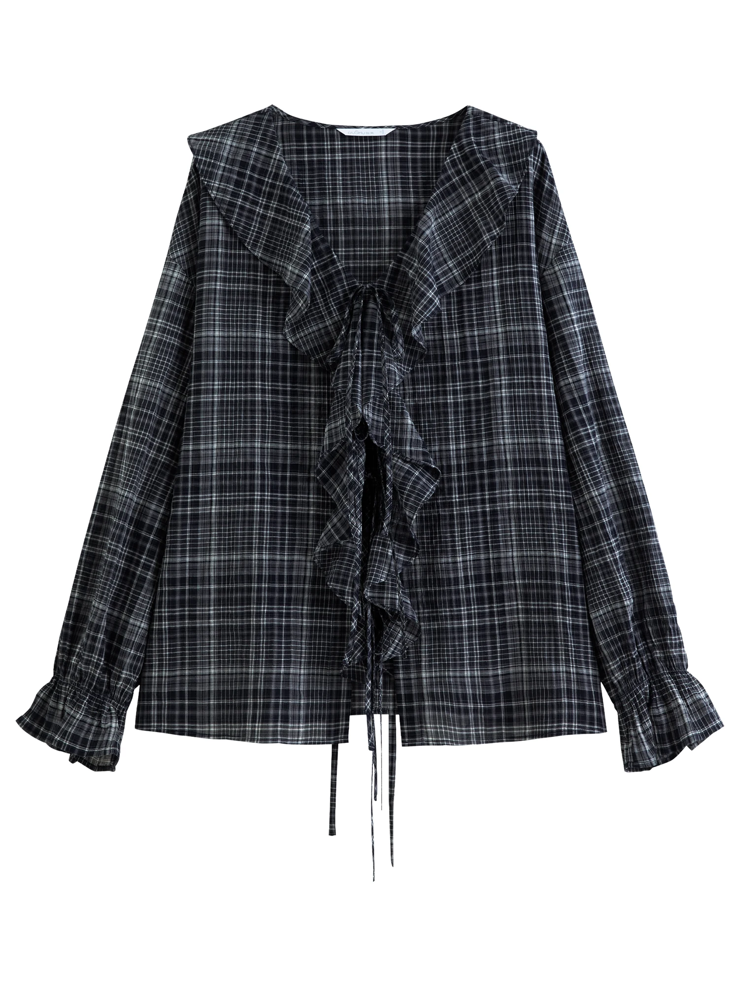 DUSHU 2026 Fall Women's V-Neck Plaid Long Sleeve Blouse with Ruffle Trim and Drawstring Waist - Fashion Forward Office Wear