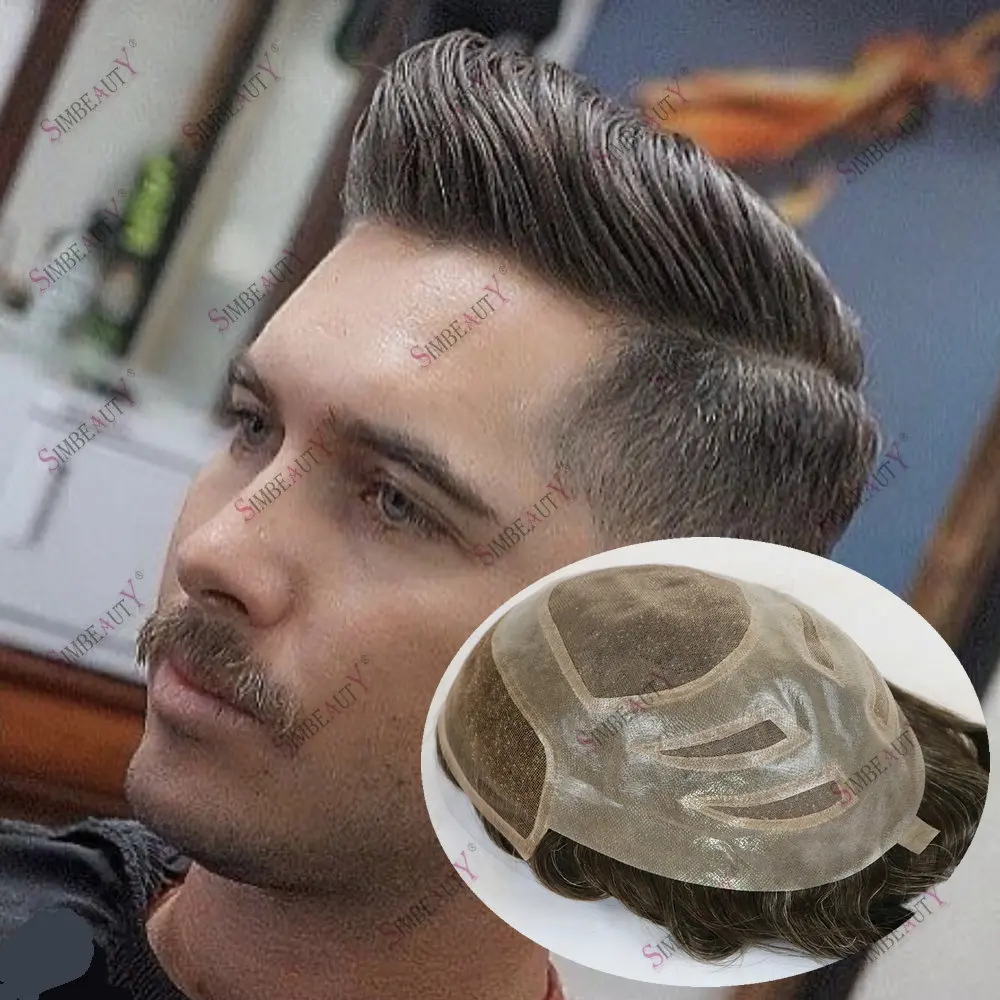 1B40# Black Grey Versalite Mens Toupee Breathable 100% Human Hair Natural Hairline Hair Pieces Male Wigs Lace Front With PU Unit