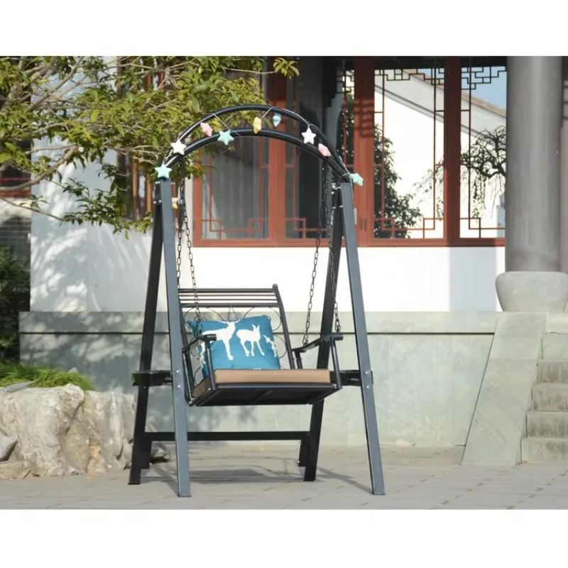Outdoor Durable Vintage Wrought Iron Single Hanging Rocking Chair With Bracket and Exquisite Pendant