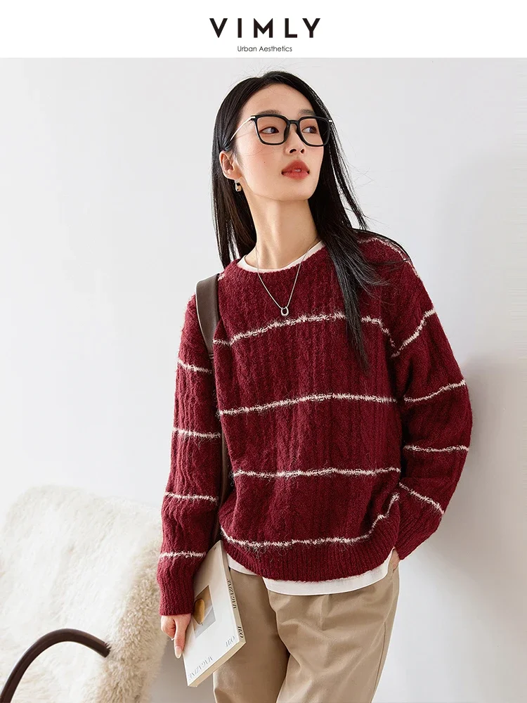 VIMLY Women Simple Basic Style Retro Red White Stripes  Sweater Autumn Winter Office Lady Cozy Wind Christmas Pullover Top 73713