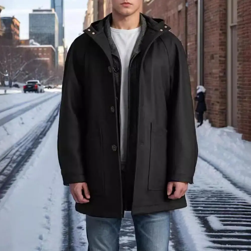 

Men Coat Hooded Raglan Long Sleeve Solid Color Jacket With Pockets Single Breasted Mid-length Woolen Outwear