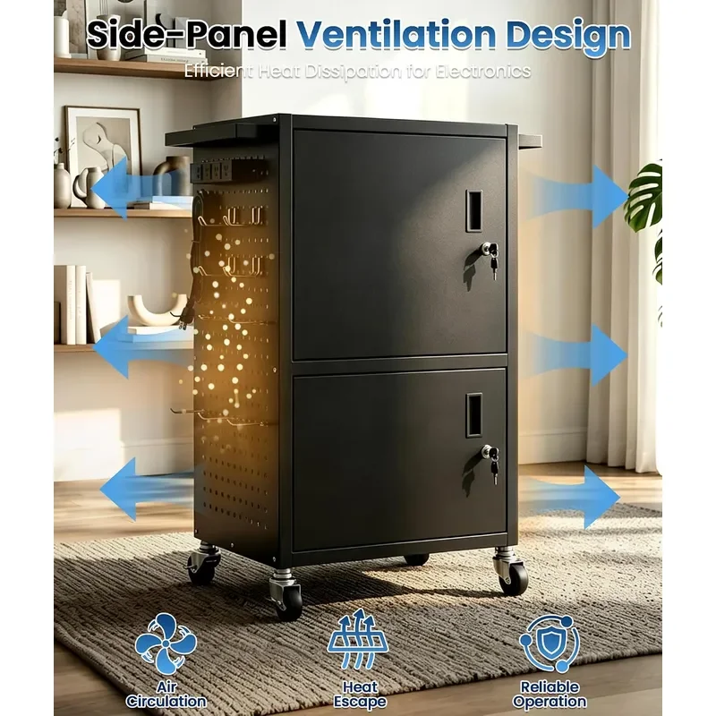 Mobile AV Cart Rolling Heavy Duty Computer Cart with Locked Storage Cabinet and Brake Wheels Projector Media Cart with Power