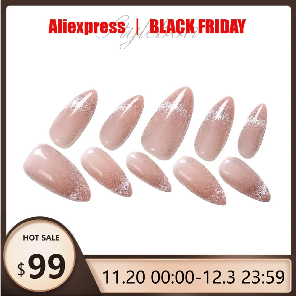 手作りのフレンチアクリルネイル,再利用可能な接着剤,人工ネイル,フルカバー,ピンクの猫の目