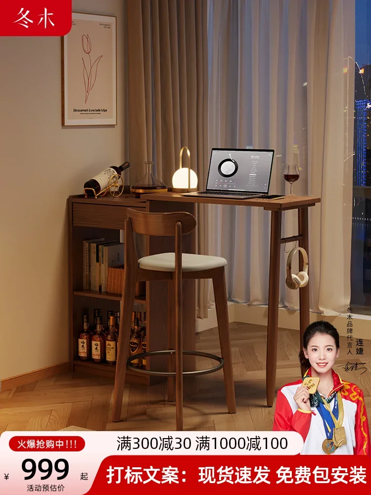 Winter wood solid wood bar table retractable small apartment extremely narrow light luxury open living room high