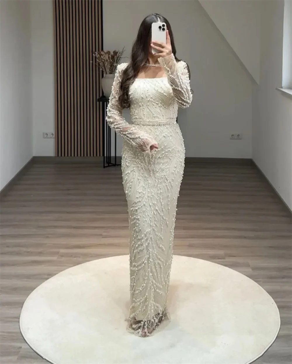 

Aunber Beading Pearls Wedding Dress Square Collar Long Sleeves vestidos de noche Rear Forks Prom Dresses Gowns Customized