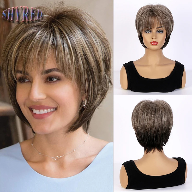 

Synthetic Short Wigs with Bangs Soft Hair Daily Use Mixed Brown Ombre Curly Hair Cosplay Party Wig for Women