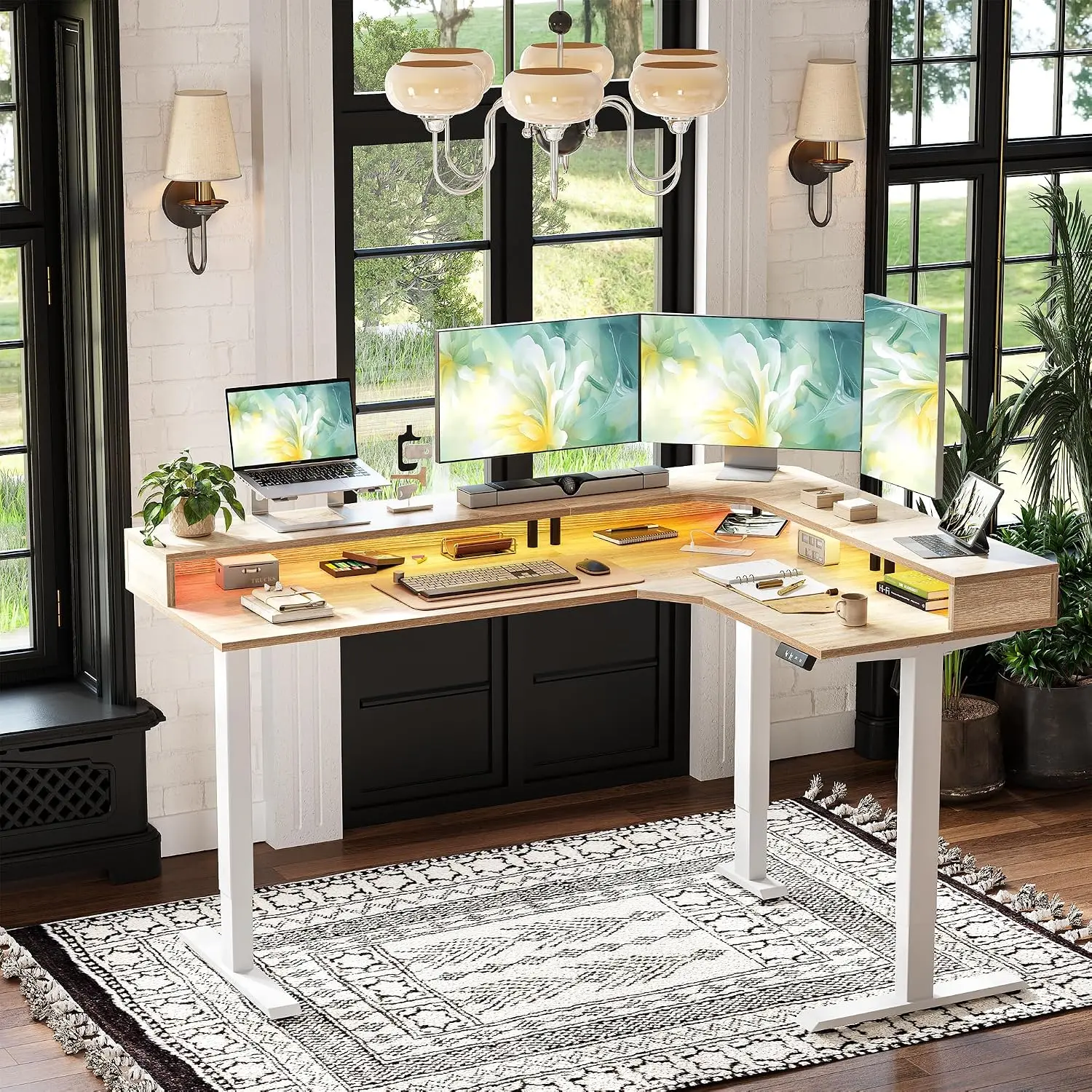 L-Shaped Standing Desk with LED Light & Power Outlet, Height Adjustable Corner Table with Monitor Stand, 63