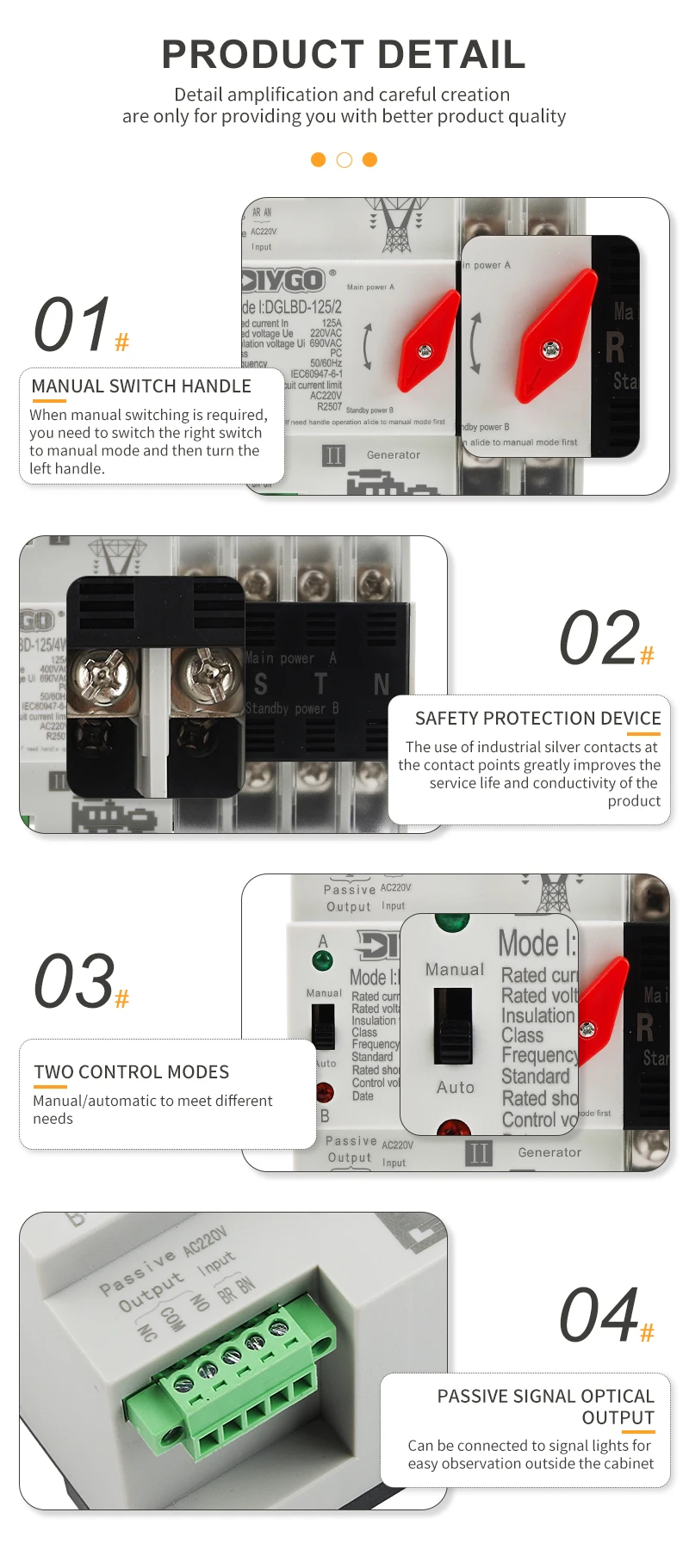 DIY GO Unterbrechungsfreier ATS Dual-Power Automatischer Transferschalter Elektrischer Wahlschalter Stromversorgung für Generatoren – Detail 2