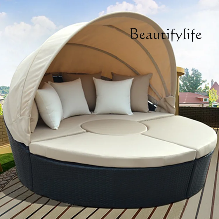 Outdoor Lounge Leisure Ratten Bed Balcony Courtyard Sun Shade Sofa Outdoor round Bed