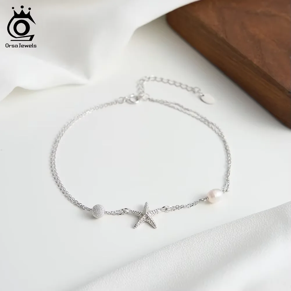 ORSA JEWELS Vintage Double Layer 925 Sterling Silver Star Anklet with Natural Pearl Starfish Foot Chain Beach Jewelry SA101