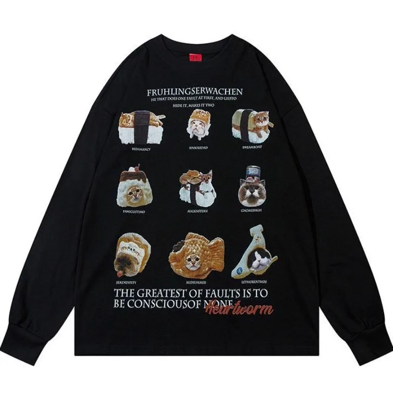 Harajuku Oversized Cotton Long Sleeve T-Shirt Funny Cat Cute Food Graphic Gothic Streetwear Top Y2K Aesthetic Unisex Sweatshirt