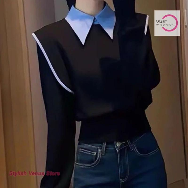 الكورية فريدة من نوعها وأنيقة وهمية قطعتين من سترة سوداء الإناث مزاجه الشتاء المشاهير الراقية سترة الخصر المألوف