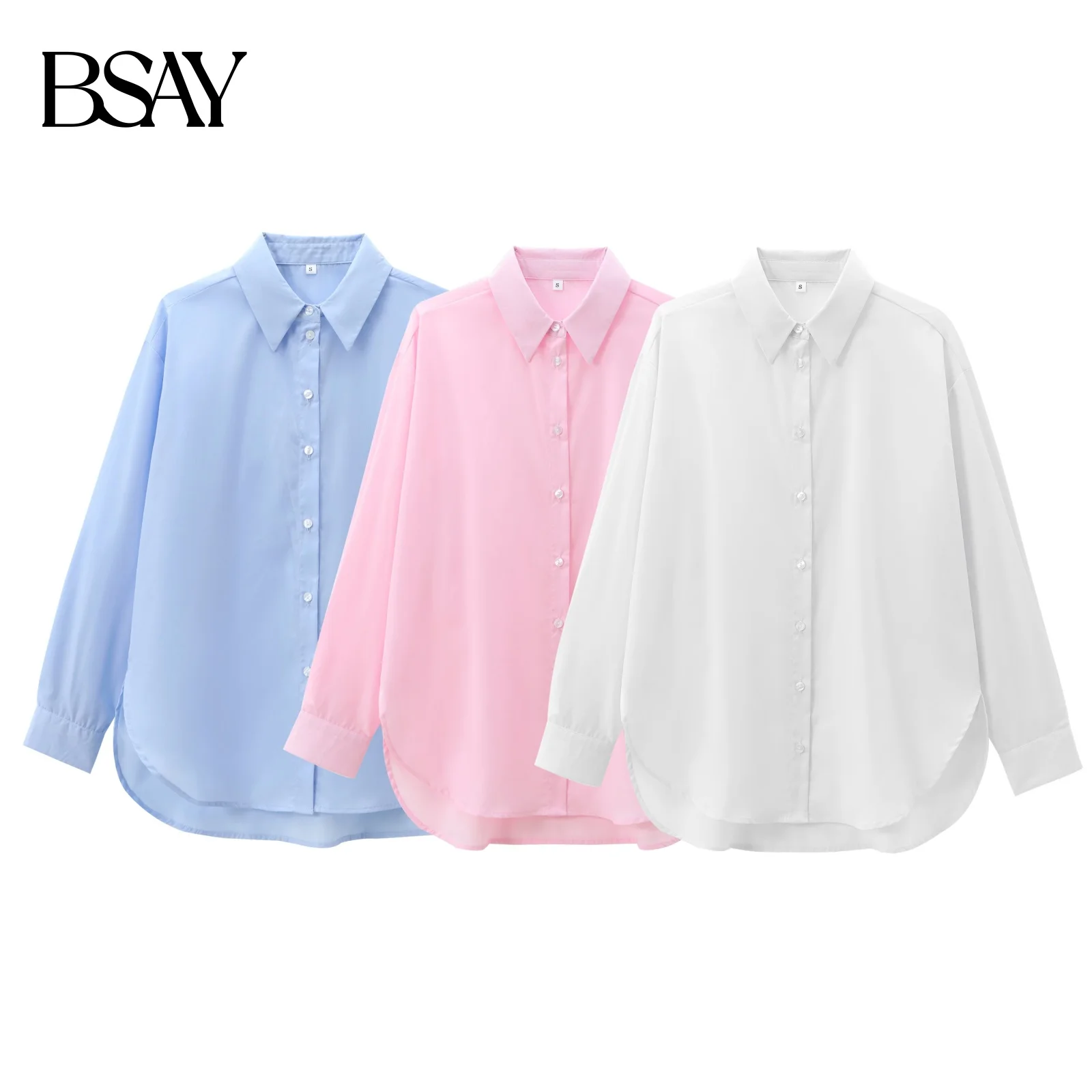 BSAY Frauen Mode Neue Baumwolle Einfarbig Lose Langarm Einreiher Revers Bluse Straße Kleidung Hemd Chic Damen