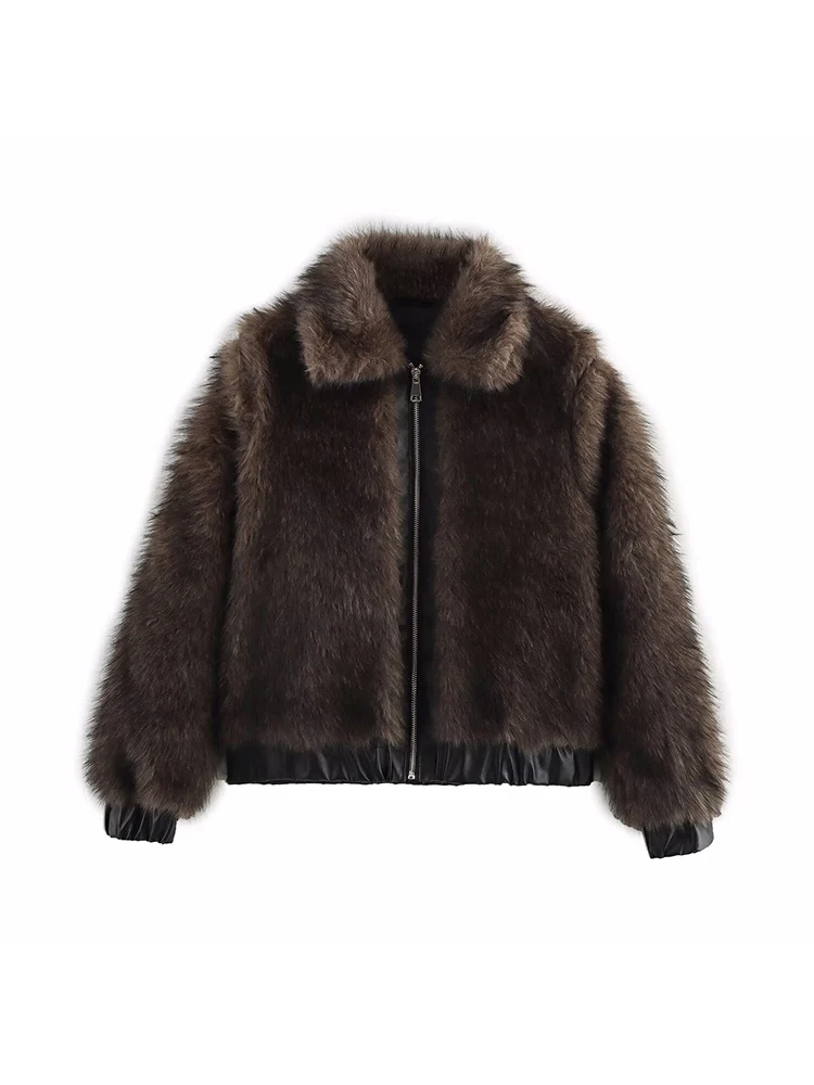 

European style new women's fashion versatile temperament solid color plush leather splicing imitation fur coat