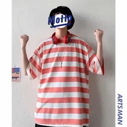 Korean Fashion Oversied 3xl Orange Yellow Blue Striped Casual Short Sleeve T Shirt Men 2022 Trend Summer Harajuku Top Streetwear