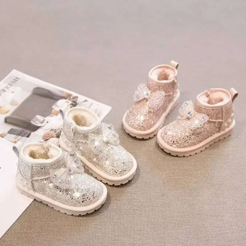 Toddler Girls Winter Snow Boots, Sparkly Sequin Rhinestone Bow Warm Furry Lined Ankle Boots, Anti Slip Kids Boots, Silver Pink