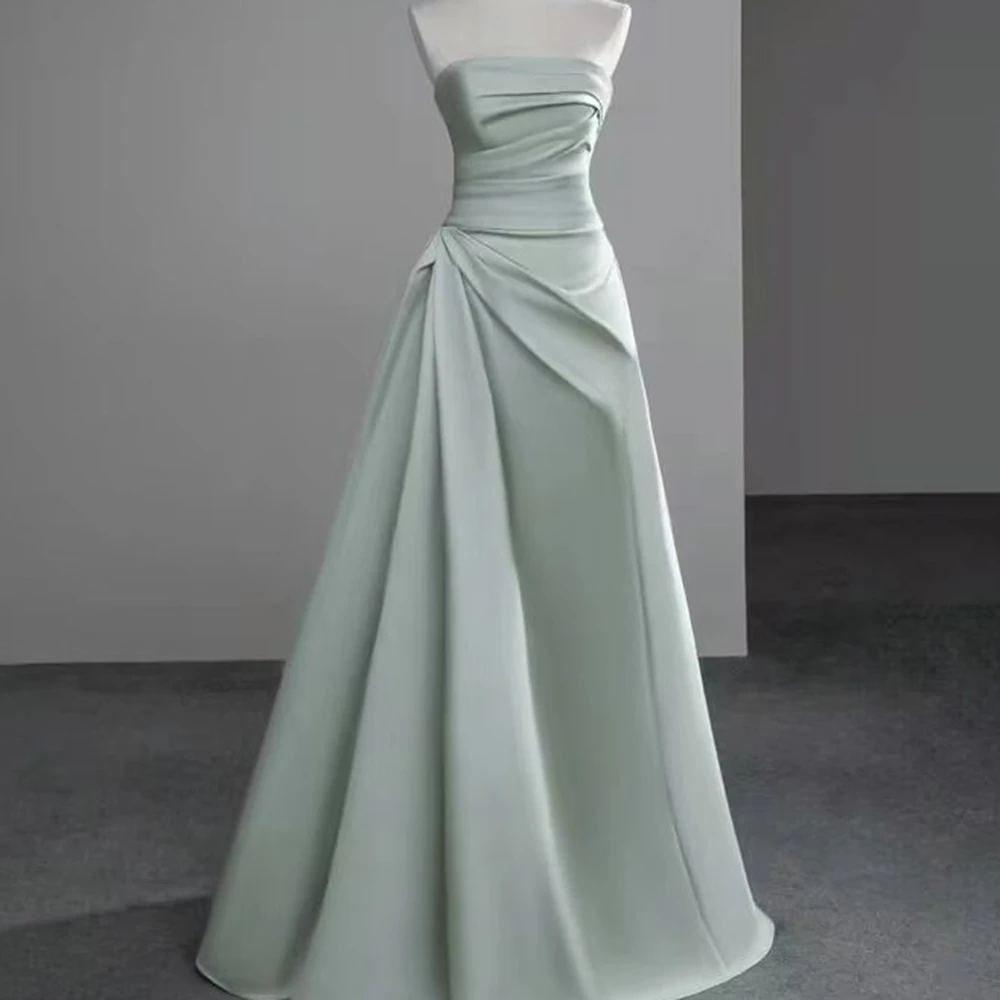 Vestido de dama de honor de satén verde empolvado sin tirantes, plisado, drapeado, corte A, largo, formal, para noche, graduación, boda, para mujer