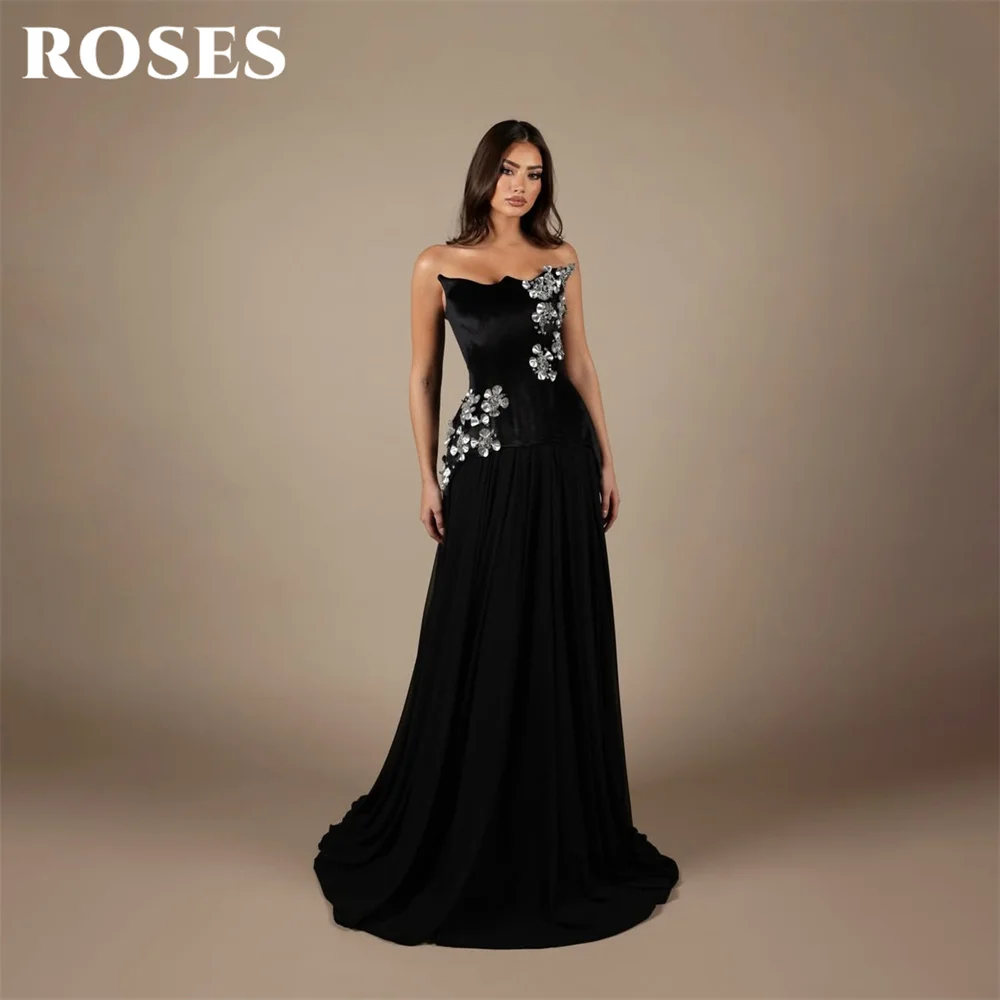 

ROSES Black Evening Dress Strapless Prom Dress with 3D Crystal Floral Party Formal Gown Elegant robe de bal for Woman Customized