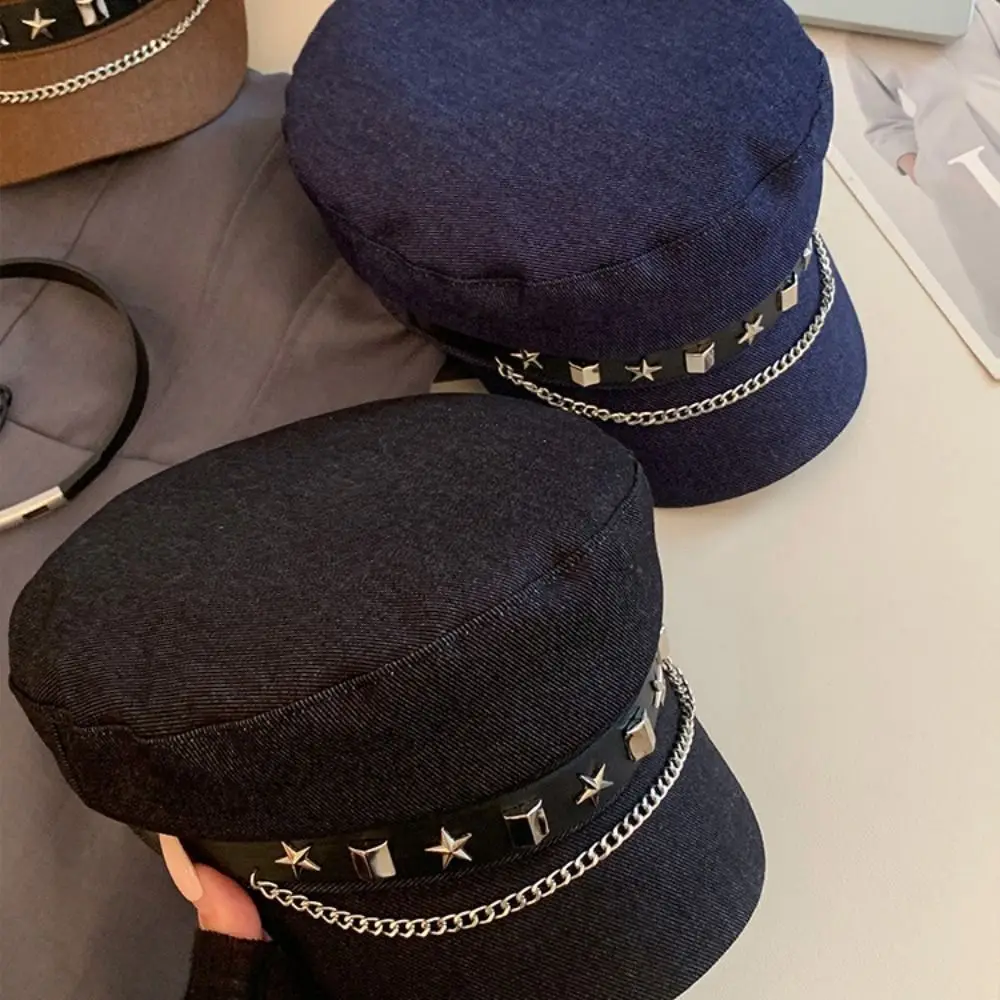 

Fashion Cloth Rivet Denim Beret British Style Korean Style Denim Octagonal Hat Cotton Newsboy Cap Retro Painter Hat Ladies