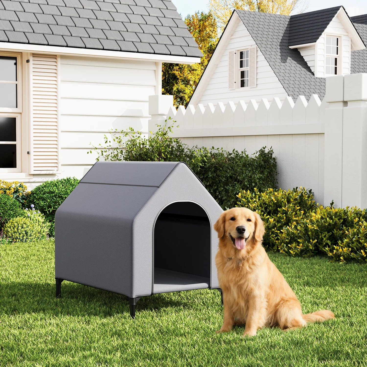 Weatherproof Elevated Dog House with Metal Frame