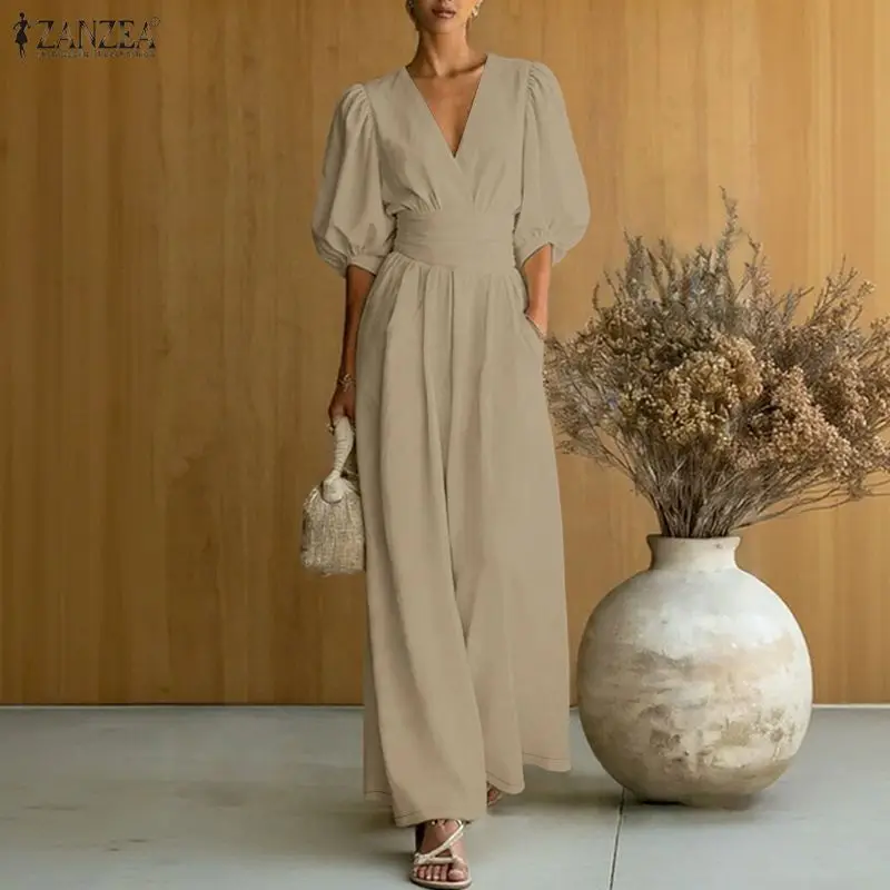 

ZANZEA Fashion Women Jumpsuits Summer Wide Leg Trousers Solid OL Work Overalls Pants V Neck Short Sleeve Waisted Pleated Rompers