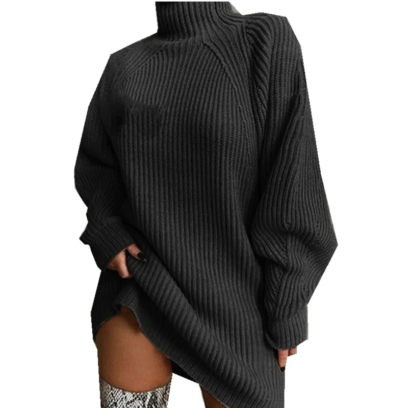 Women\'s Solid Color Loose Knitted Dress 2023 Autumn Winter New Dress Sweater Women Long Sleeve Turtleneck Pullover Dress Sweater