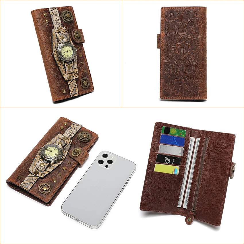 Women's Wallet Top Layer Cowhide Purse with Watch Gothic Anime Steampunk Card Genuine Leather Retro Handbags Bag Wallet  for Men