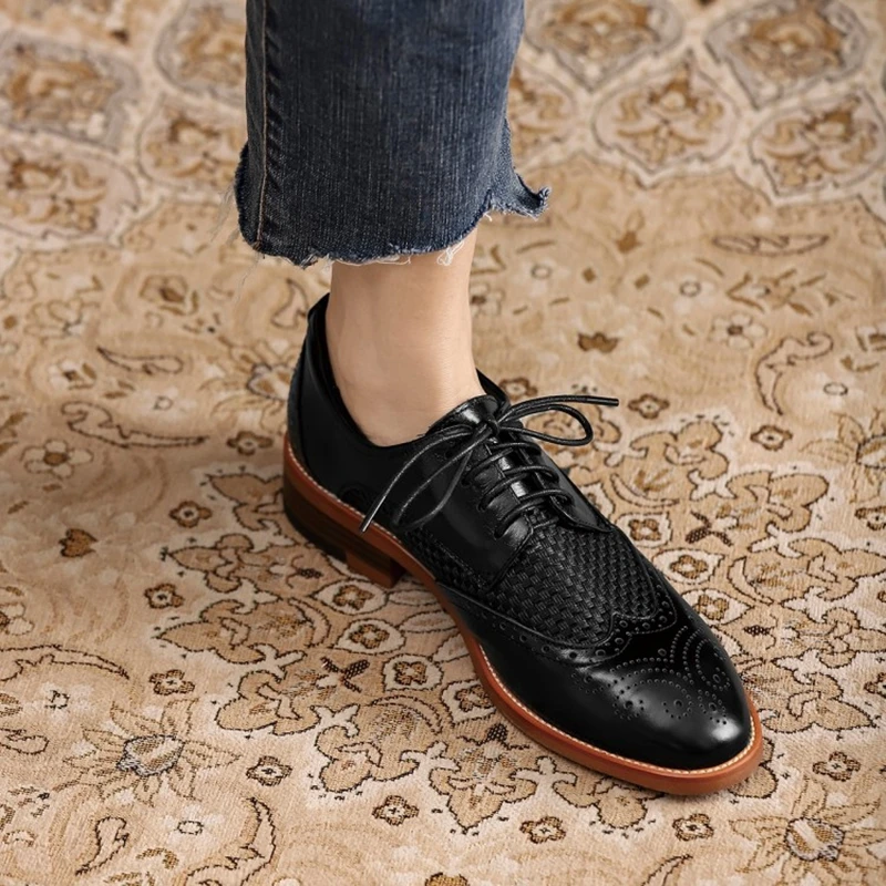 Women Oxford Flats Spring/Autumn Shoes for Woman Genuine Leather Brogues Vintage Lace up Loafers casual weave Black Girls shoes