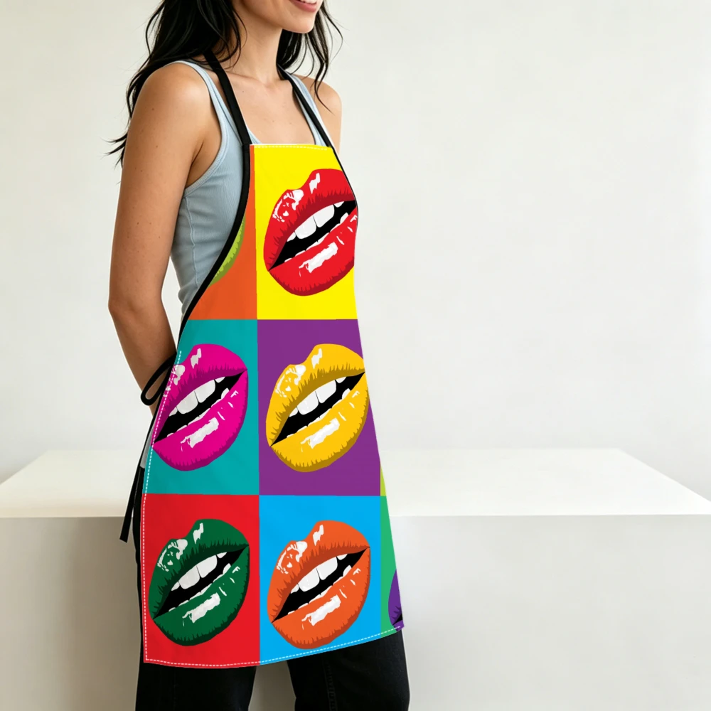 Pop Art Style Apron Colorful Lips Print Kitchen Aprons Cooking Baking Protection Adjustable Bibs