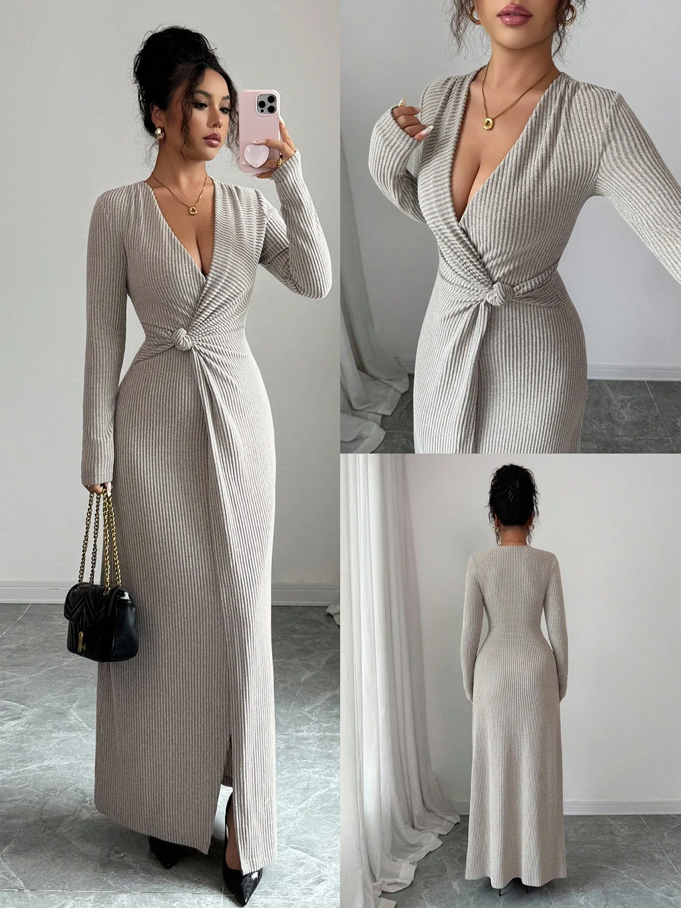 

Женское платье-халат с V-образным вырезом, ребристой вязкой, складками и высоким разрезом, элегантное платье для осенних вечеринок и свадебных мероприятий