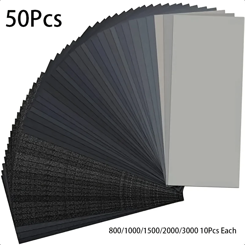 50Pcs 800-3000 Grit Wet Dry Sandpaper Assorted Polishing Sheets 9.1x3.6 Inch for Car Wood Metal Jewelry Furniture Fine Sanding