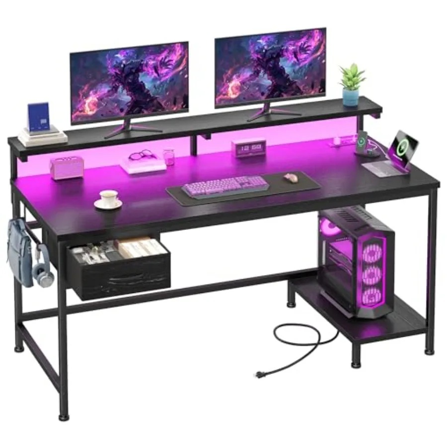 

Игровой стол 39.3 с розеткой и LED-подсветкой, компьютерный стол с регулируемой подставкой для монитора и выдвижным ящиком, офисный стол с отсеком для системного блока