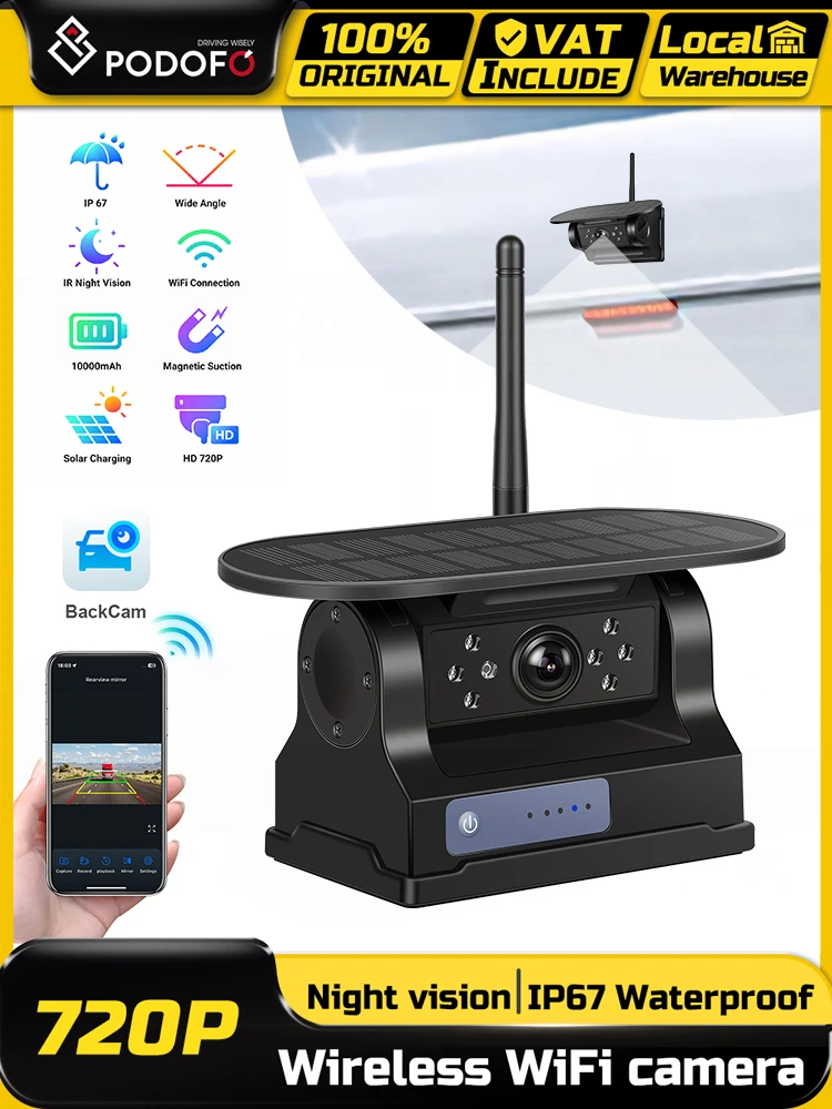 Podofo Auto Kabellose WLAN-Rückfahrkamera WLAN-Solarpanel 720P HD Infrarot-Nachtsicht Rekorder Kamera IP67 Wasserdicht Magnetisches Design Weitwinkel-Rückfahrkamera