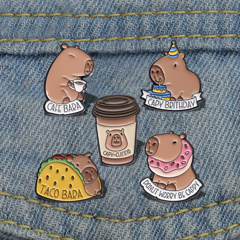 Cute Capybara Enamel Pins Custom DONUT WORRY BE CAPPY Brooches Lapel Badges Cartoon Animal Jewelry Gift for Kids Friends