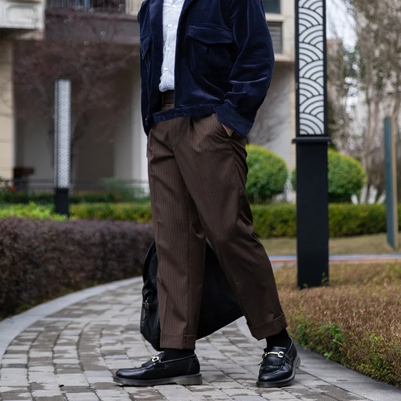POT&CRAFTSMAN Coffee Stripe High Waist Neapolitan Wide Waistband Straight Leg Suit Trousers Men Paris Button Adjustment