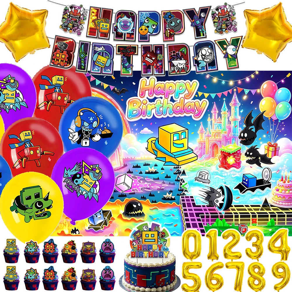 Geometry Dash Themen-Geburtstagsparty-Dekoration Hintergrund-Ballon-Set Kuchendekoration Banner Hintergrund-Zubehör Geschenke für Jungen und Mädchen – Detail 1
