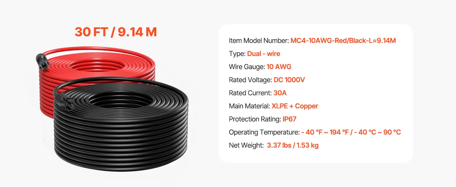 SucceBuy Solar Panel Extension Cable 20FT Black + 20FT Red / 30FT Black + 30FT Red / 50FT Black + 50FT Red / 100FT Black + 100FT Red 10AWG with Female & Male Waterproof Connectors 6mm² PV Cable for Home Ship