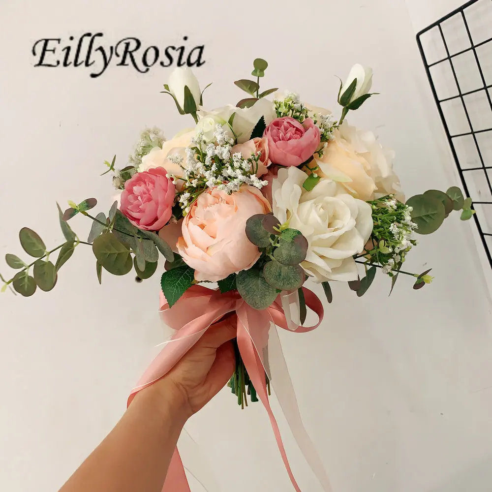 EillyRosia New Pink Cream Wedding Bouquet para dama de honra Flor Greennery Natural Bonito País Fotografia Casamento Outdoor