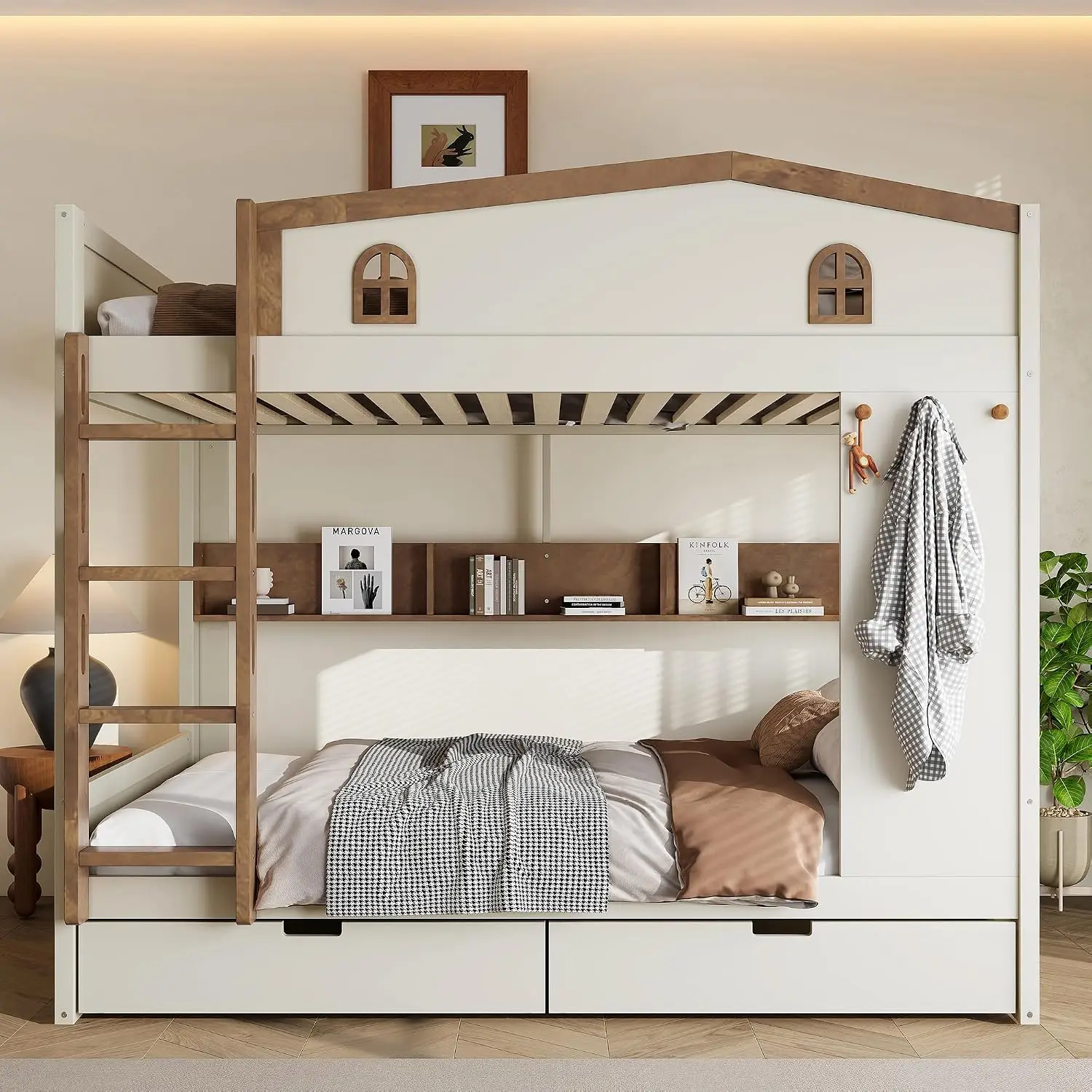 Queen Over Queen Bunk Bed with Storage Drawers Shelves Hooks Beige Natural, Customized image 3