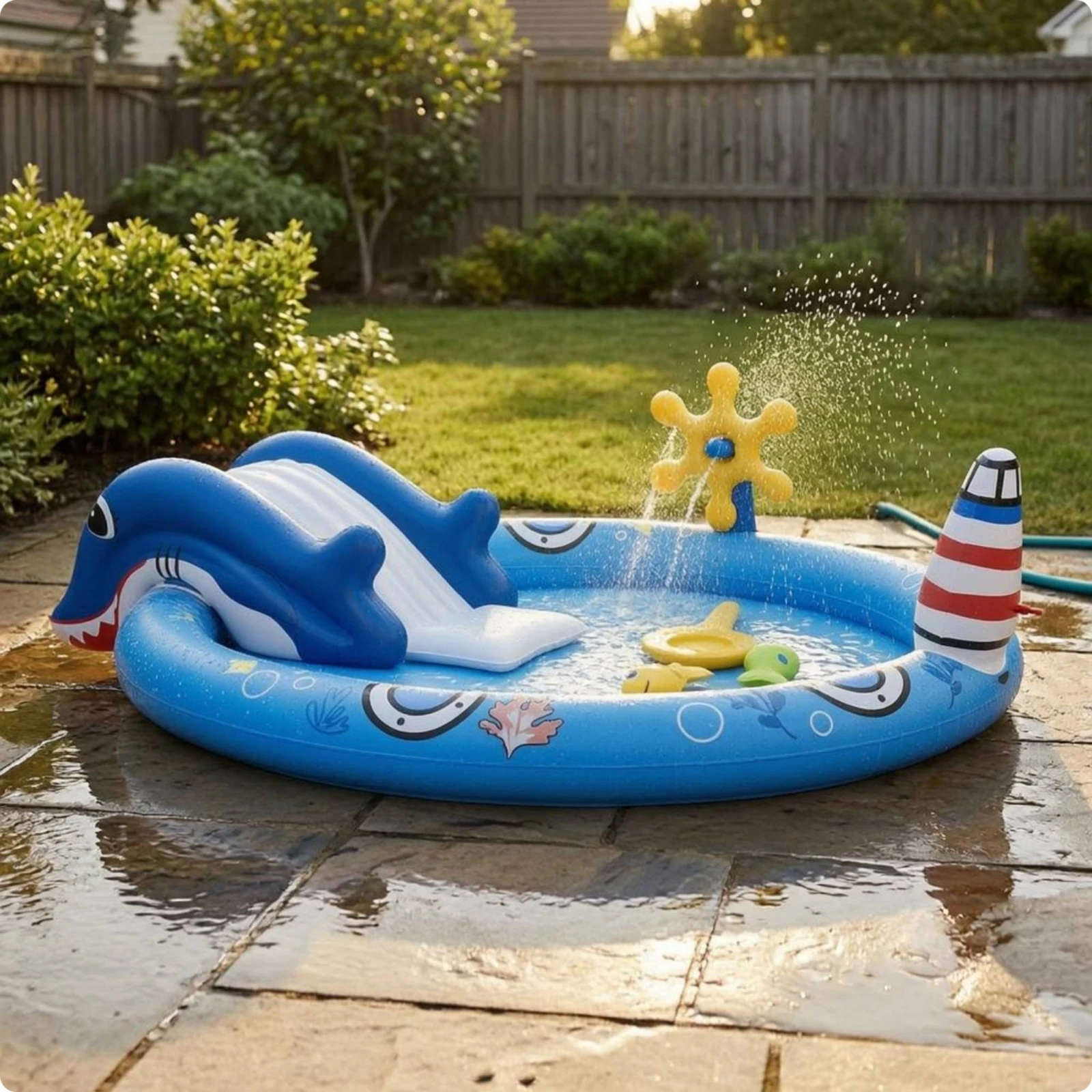 Ocean-themed Inflatable Pool Thickened PVC Lighthouse Column Water Play Center for Outdoor Backyard Aquatic Fun view 6