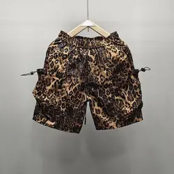 Calção com estampa leopardo masculino, calça esportiva curta, moletom patchwork, calção de rua alta, secagem rápida, alta qualidade, verão