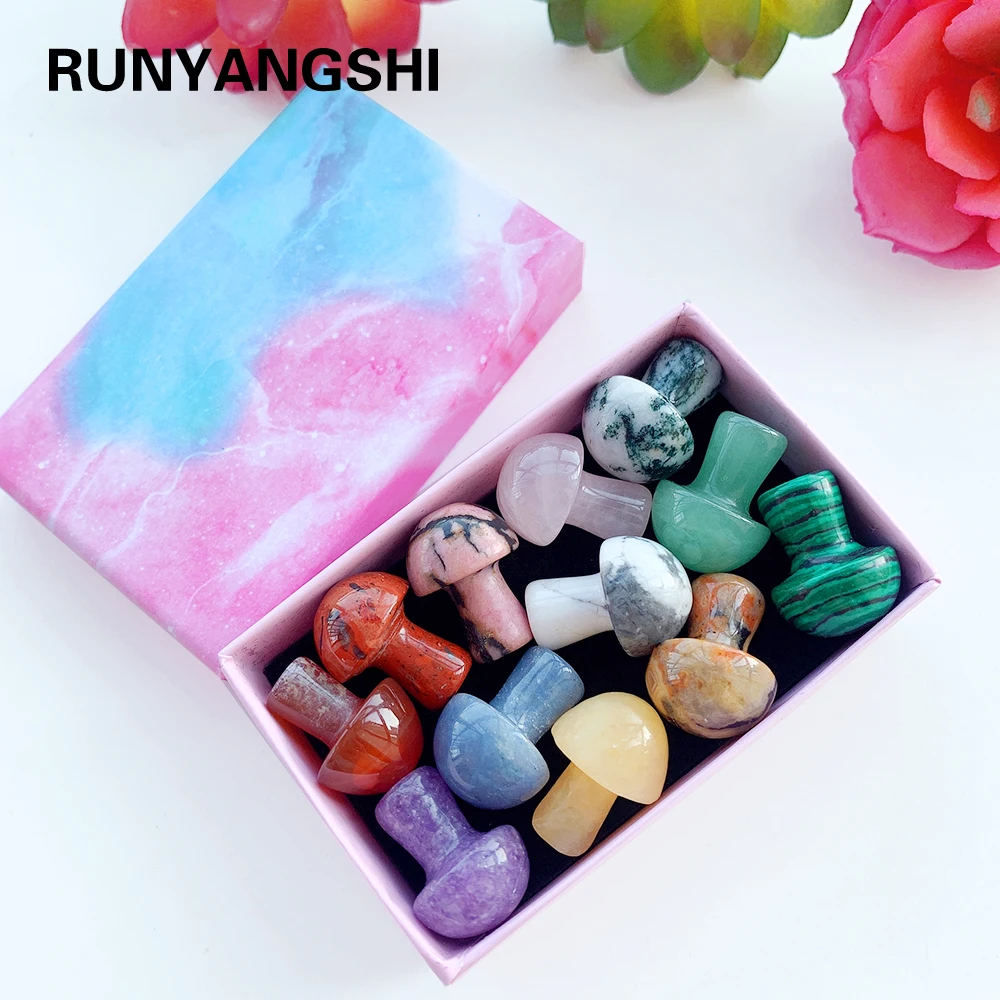 12PC Natural Crystal Mini Mushroom Gift Box Energy Quartz Gem Decorative Mineral Collection Gift